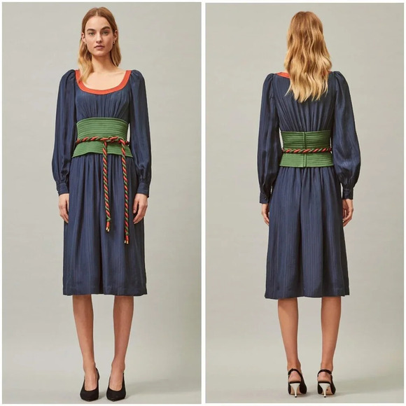 Tory Burch Navy Green Tie-Waist Midi Dress $798 - Picture 1 of 14